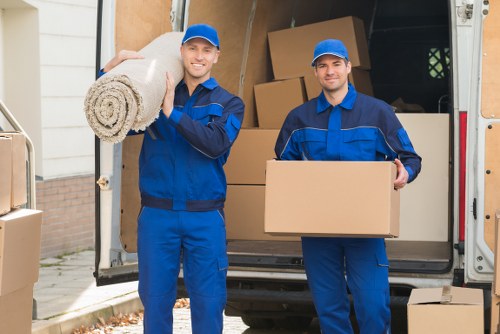 Packed business equipment ready for transport during a Hounslow move