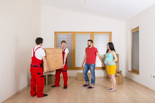 Packed office furniture and equipment prepared for transport