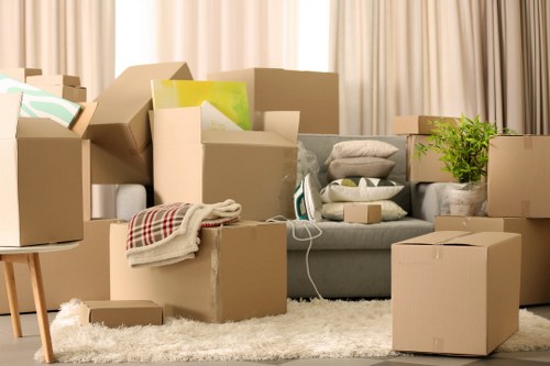 Packed boxes and home moving equipment ready for transport