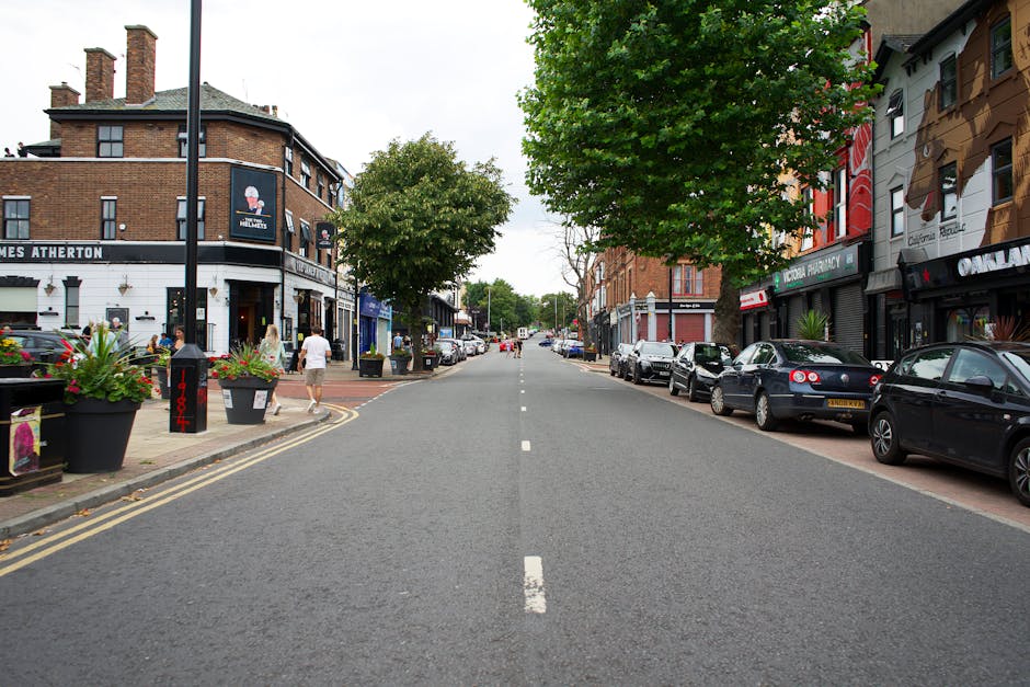A view of a typical urban street scene in Hounslow, featuring a central road with a dashed white line running down the middle, flanked by parked cars on both sides, including models such as hatchbacks and sedans. On the left side, a building with a corner shop displaying a black sign with white text and large windows is visible, alongside pedestrians walking on the pavement near decorative flower pots filled with colorful blooms. Several large trees with green foliage line the sidewalk, providing shade. On the right side, a row of shops with varied signage, including a pharmacy and other retail outlets, is visible. The buildings are multi-storey, constructed with brick and modern materials, with some featuring unique exterior decor or signage. The scene appears to be during daytime with natural lighting, and there are no visible moving vehicles or construction work, suggesting a calm moment typical during home relocation or furniture transport activities near local businesses. The environment reflects a busy high street setting suitable for urban removals, and this image aligns with house and furniture moving services provided by Man With a Van Hounslow.
