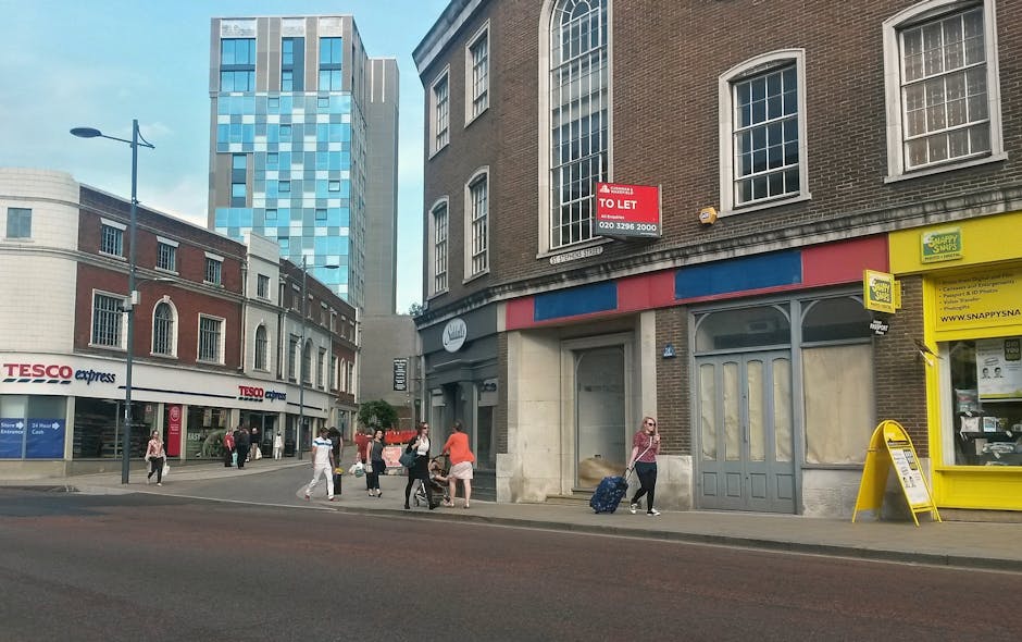 An exterior view of a historic brick building situated on Hounslow High Street, with a large paved open area in front used for parking and pedestrian access. Several cars are parked along the perimeter, including compact and family-sized vehicles, with some parked near lamp posts and bollards that outline the pedestrian zone. There are decorative street lamps with multiple globes, flower planters, and a blue 'IN' parking sign visible on the left. The building features arched windows, a central clock, intricate architectural details, and a dome roof, surrounded by modern amenities. The scene is illuminated by daytime natural light, with a partly cloudy sky overhead. This setting depicts a typical town centre environment suitable for home relocation or furniture transport, with visible parking and loading areas that could be utilized by a professional removals service like Man With a Van Hounslow during a house move or furniture transport process.
